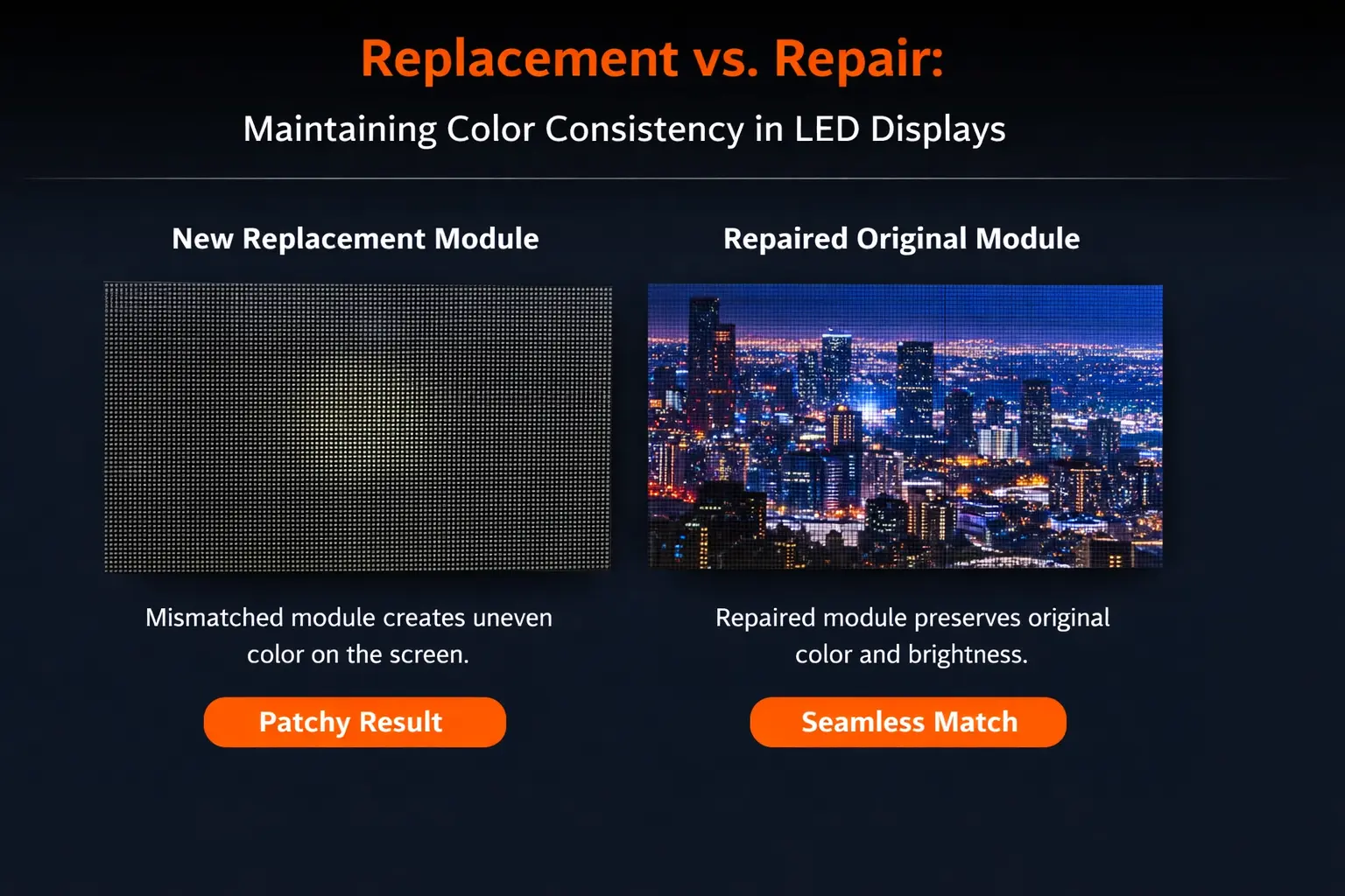 LED module repair vs replacement comparison showing color consistency advantage